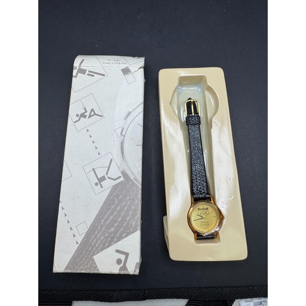Kodak Olympic Sponsor Watch Gold Tone Case Leather Band Quartz Analog New